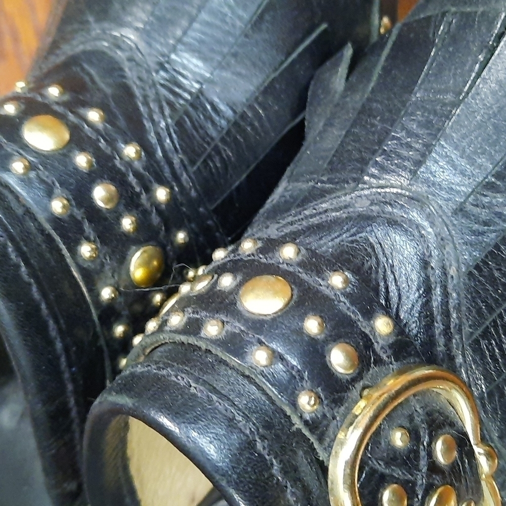 Michael Kors Black Gold Studded Fringe Heeled Mules - Picture 5 of 7